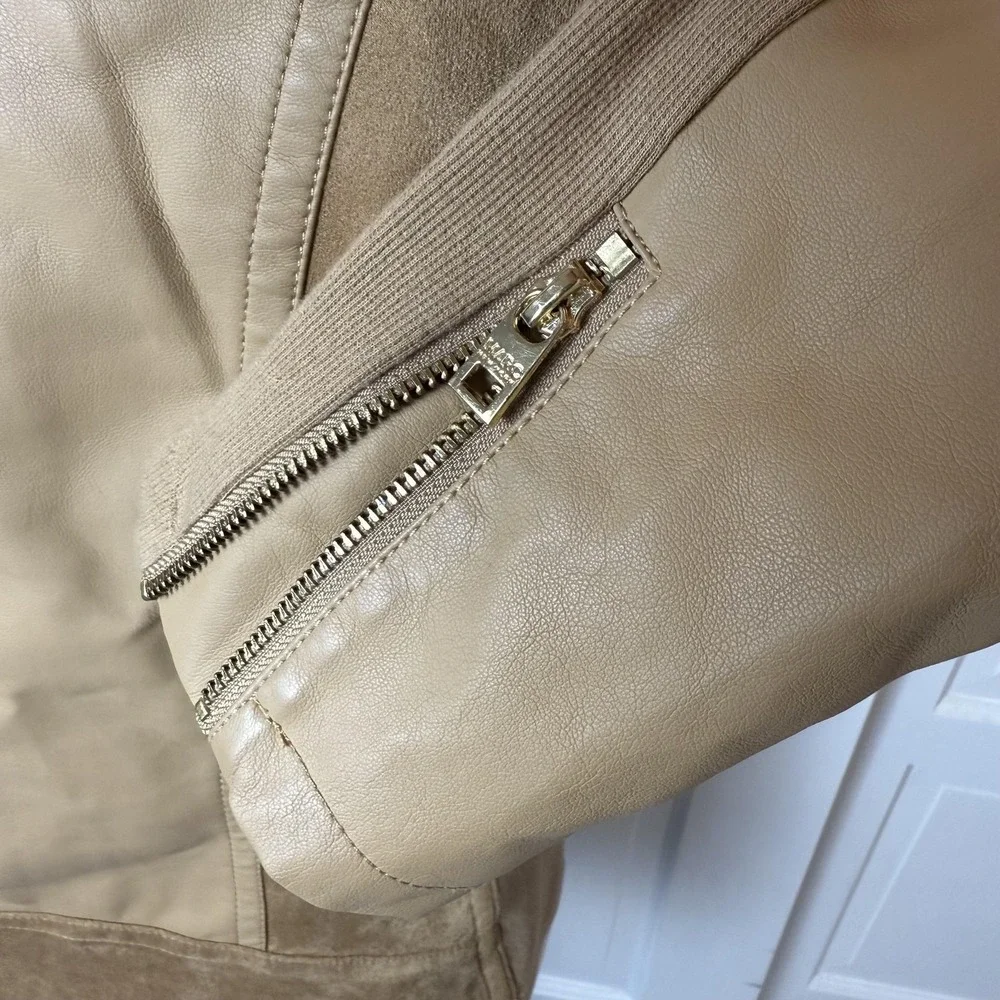 Marc New York Jacket Womens Medium Tan‎ Faux Leather Full Zip Moto Style Pockets